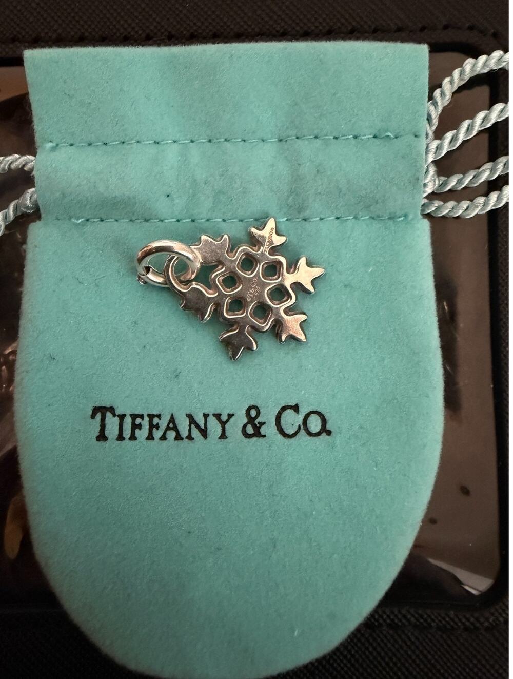 Tiffany & Co Rare Stamped 925 Silver Snowflake Charm with Spring Ring + Pouch